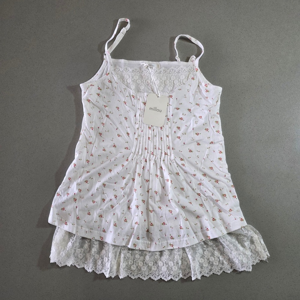 Millau Women Floral Lace Trim Cotton Camisole Tank Top White Pink Small NWT